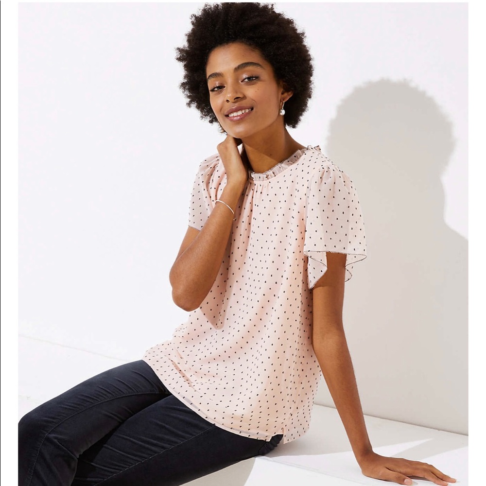 LOFT- Pink and Black Dotted Flutter Top